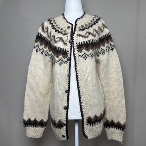 NEW VTG Hilda Ltd 100% Wool Cardigan Sweater M Beige Brown Nordic Pattern Unisex
